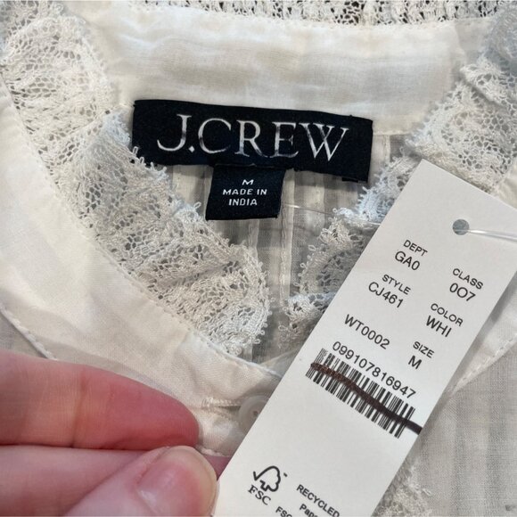 NWT J.Crew Sz M Lace-Trim Cinched-Waist Top White Cotton Voile Long Sleeve CJ461 - Picture 4 of 12